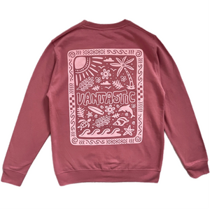 Rose sweatshirt with white graphic design on a white background