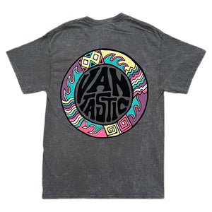 Gray t-shirt with colorful graphic design on the back