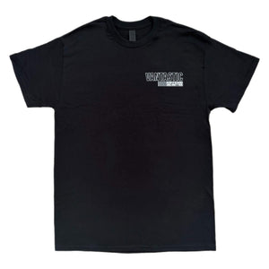 Black t-shirt with a logo on the chest