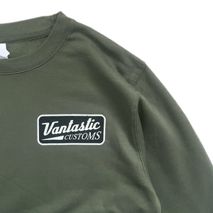 Green sweatshirt with 'Vantastic Customs' logo on a white background