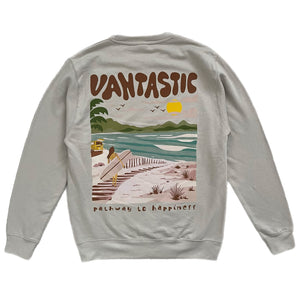 Gray sweatshirt with a beach scene and 'VANTASTIC' text on the back