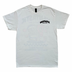 White t-shirt with 'Vantastic Coffee & Cake' text on a white background