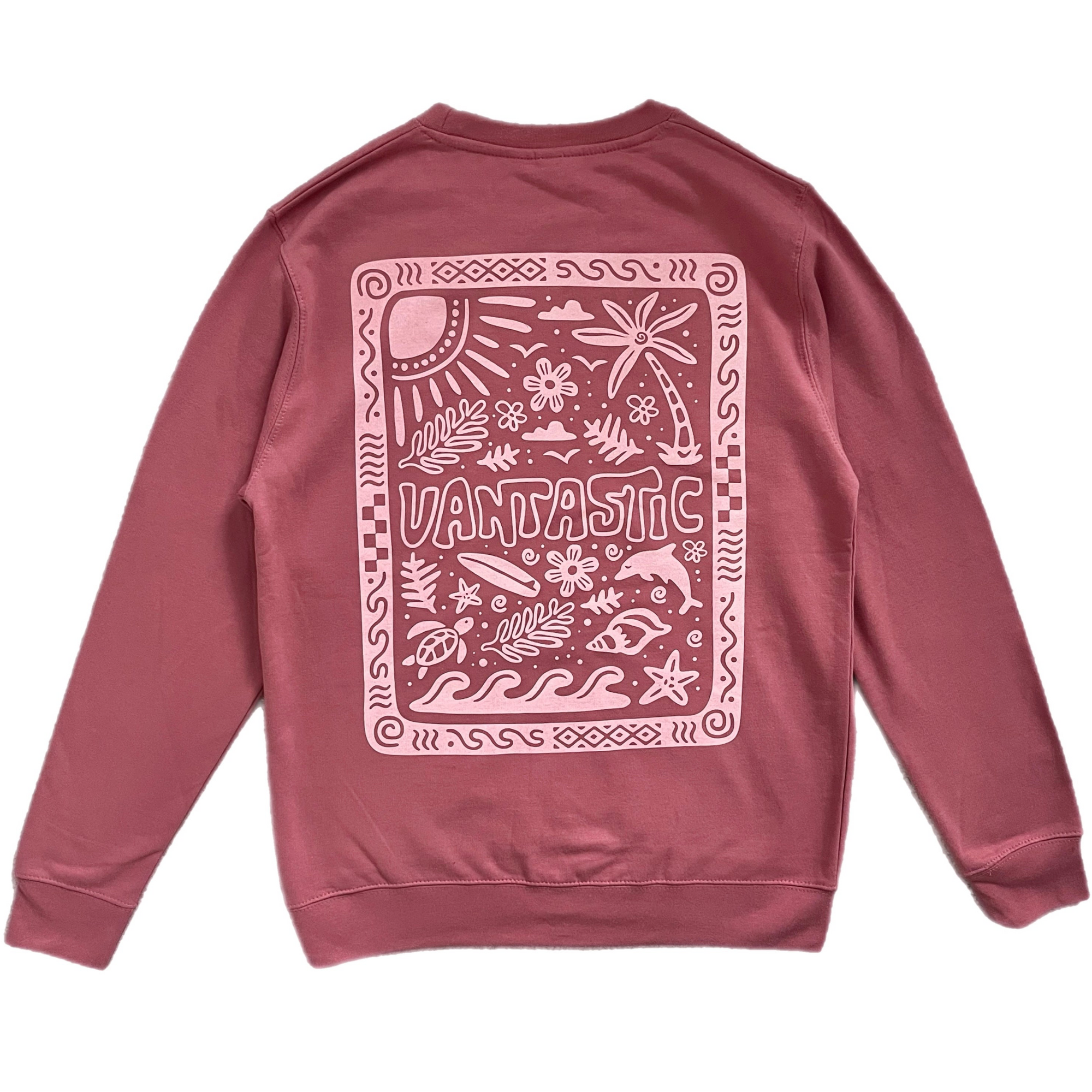 Rose sweatshirt with white graphic design on a white background