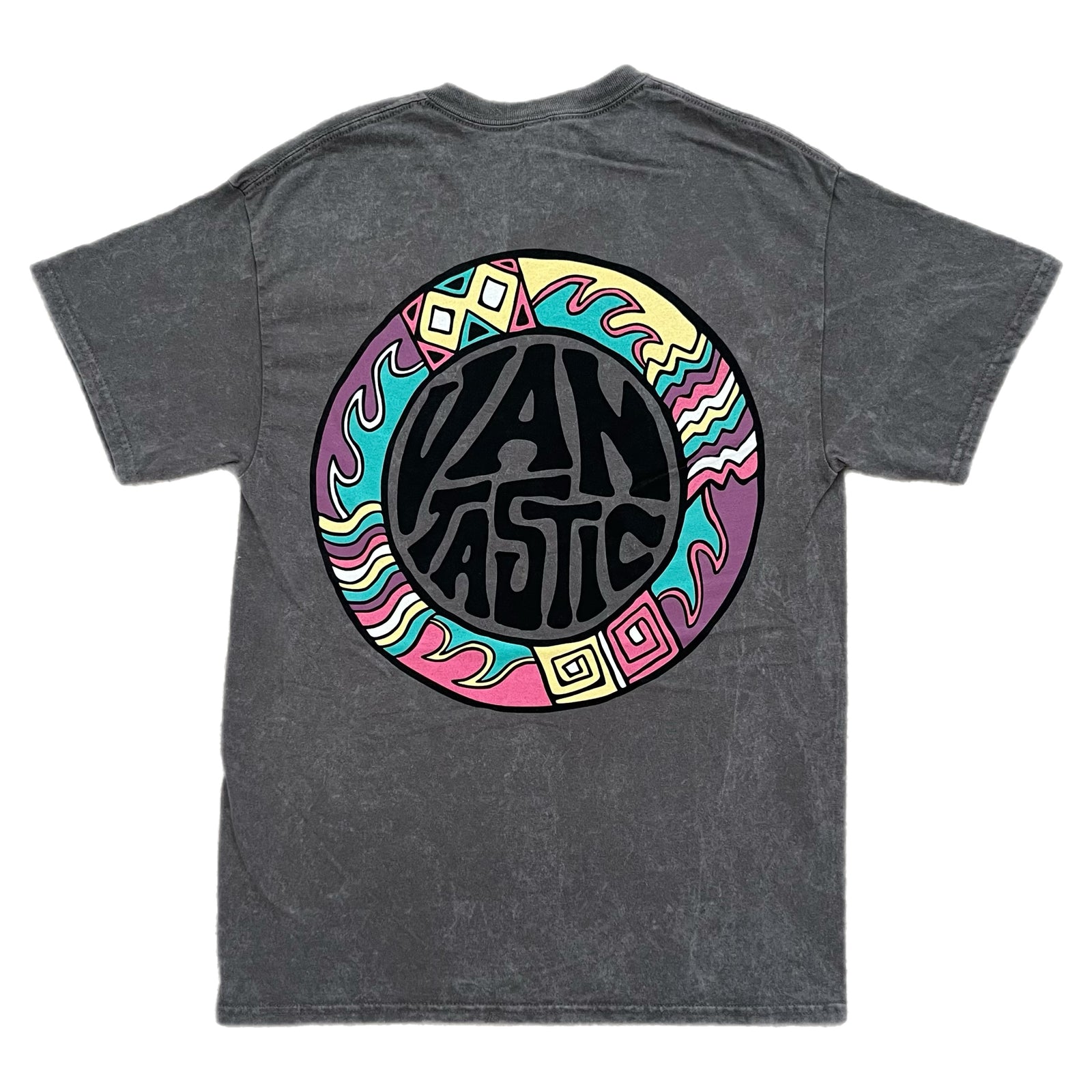 Gray t-shirt with colorful graphic design on the back