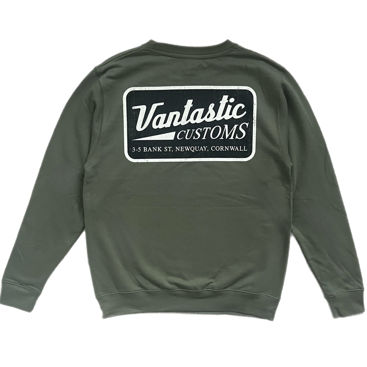 Green sweatshirt with 'Vantastic Customs' logo on the back against a white background