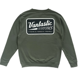 Green sweatshirt with 'Vantastic Customs' logo on the back against a white background