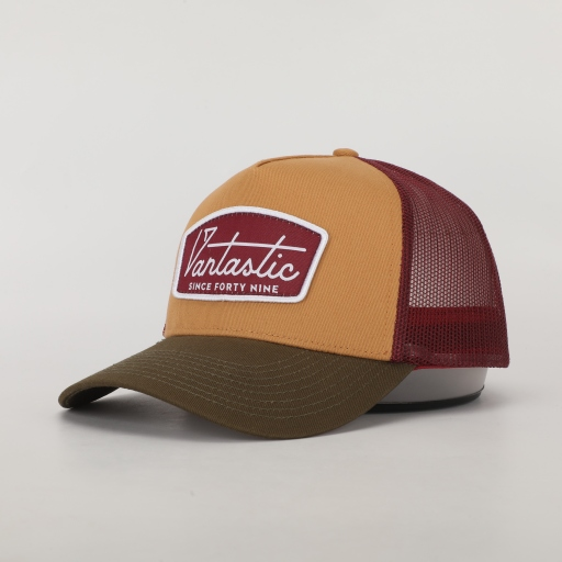 Deluxe patch trucker cap - tan/olive/maroon