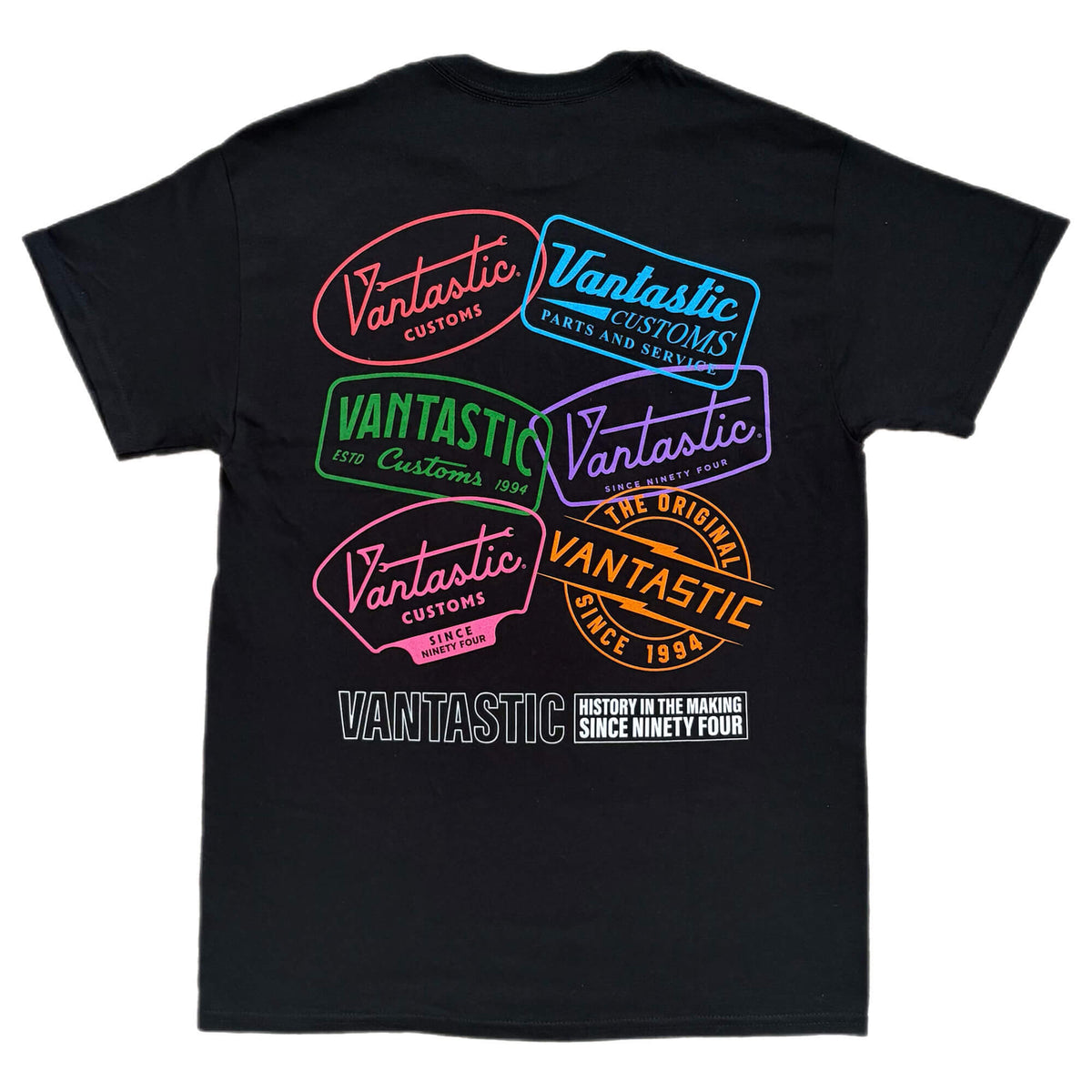 Black t-shirt with colourful Vantastic graphic