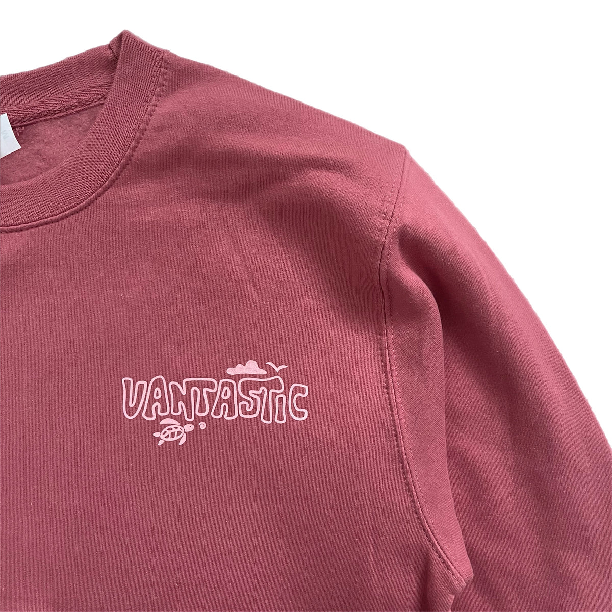 Rose sweatshirt with 'Vantastic' logo on a white background