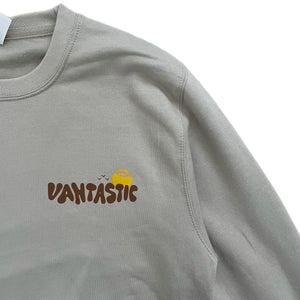 Gray sweatshirt with 'Vantastic' logo on a white background