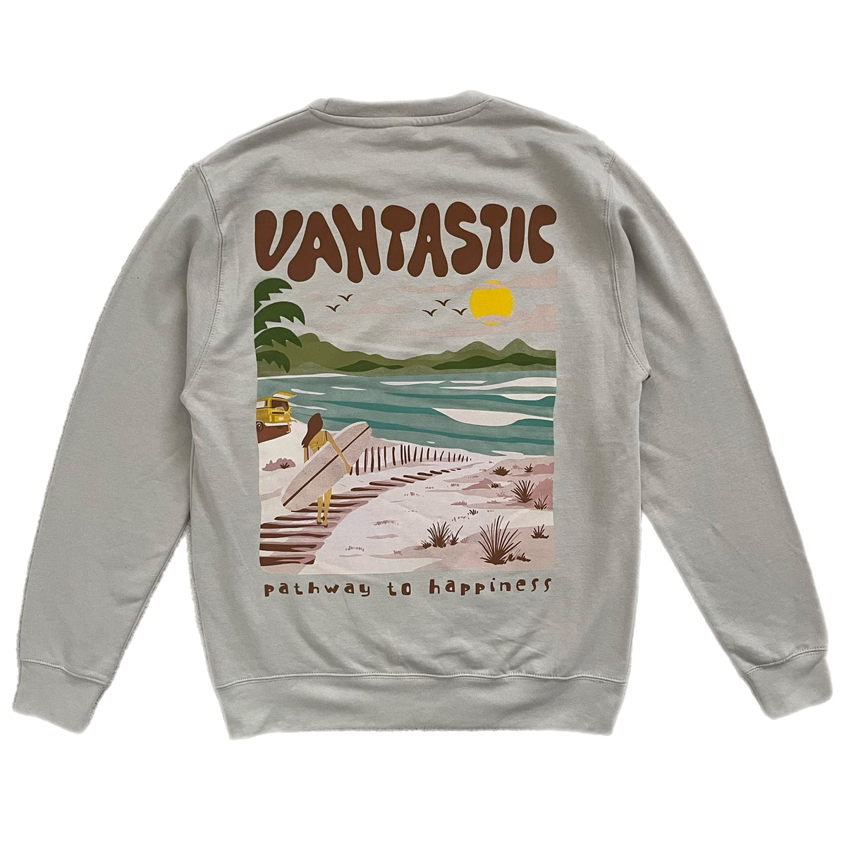 Gray sweatshirt with a beach scene and 'VANTASTIC' text on the back