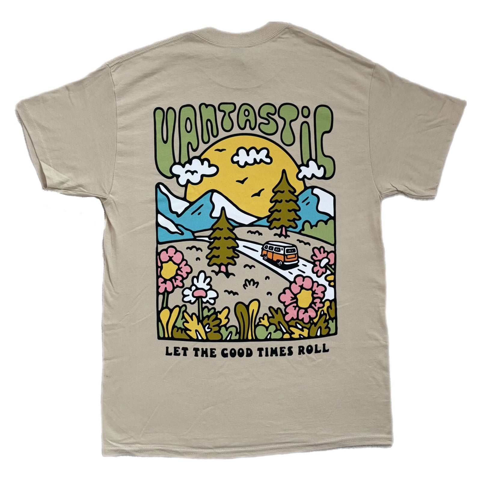 Beige t-shirt with a colorful graphic and text on a white background