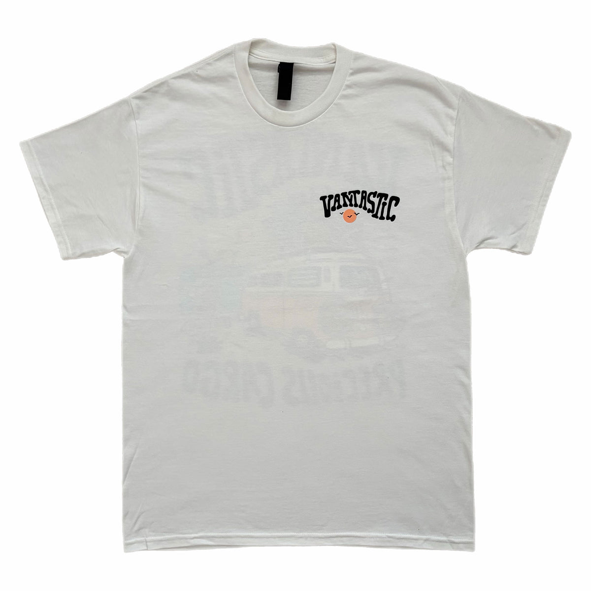 White t-shirt with 'Vantastic' logo on a white background