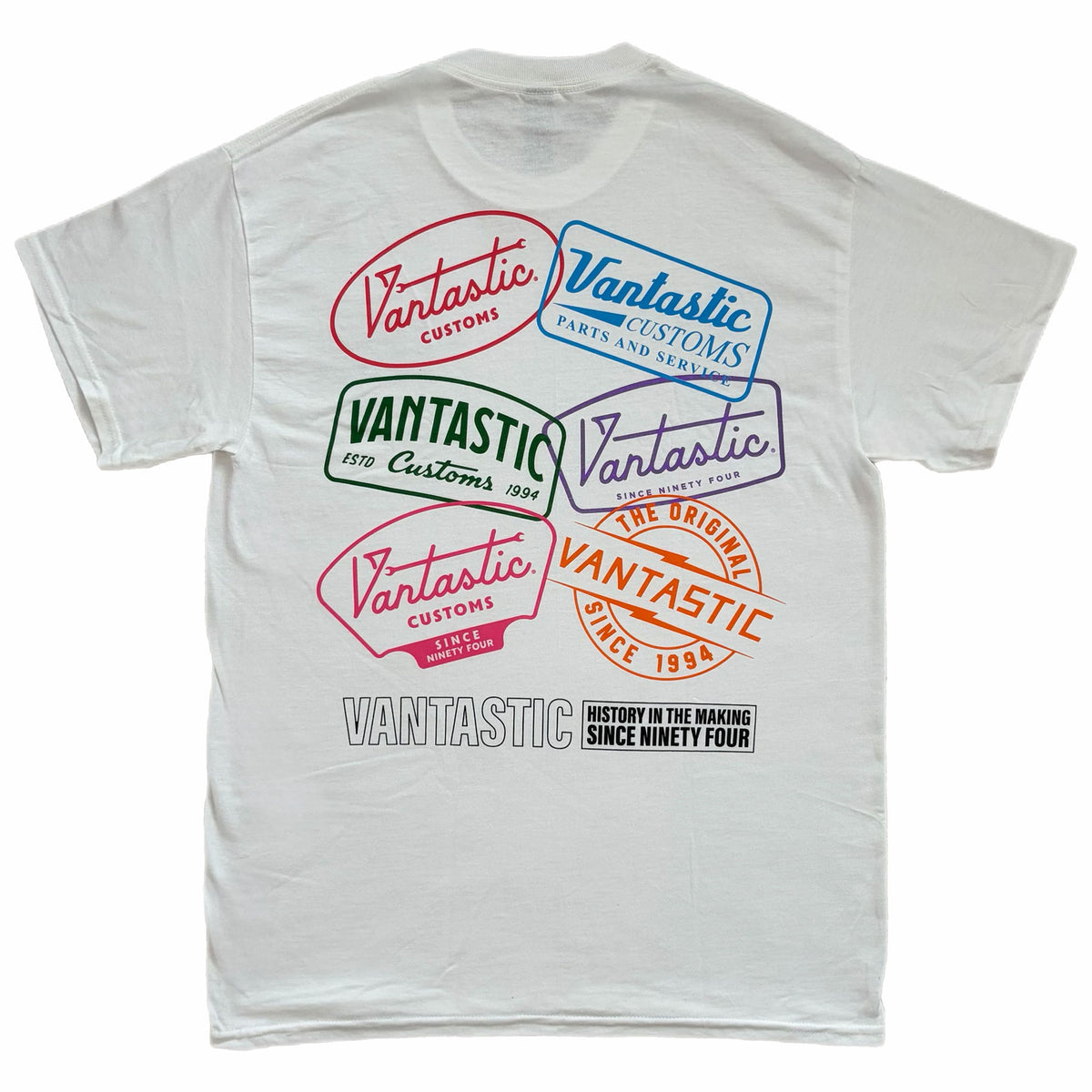 White t-shirt with a back print against a white background