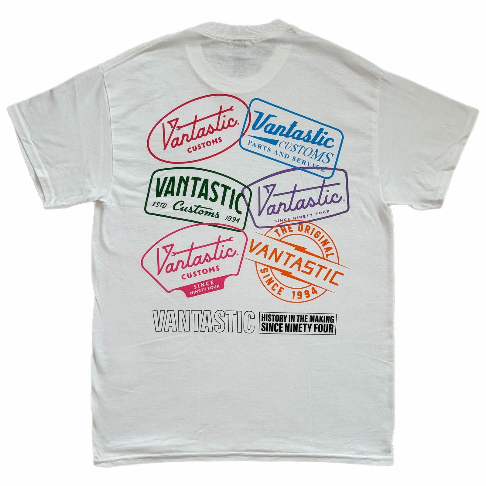 White t-shirt with a back print against a white background
