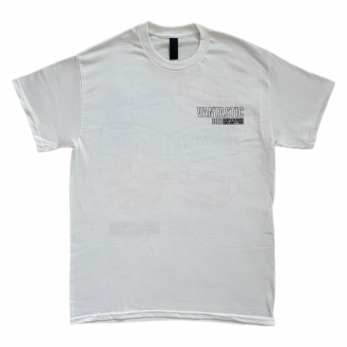 White t-shirt with a logo on the chest against a white background